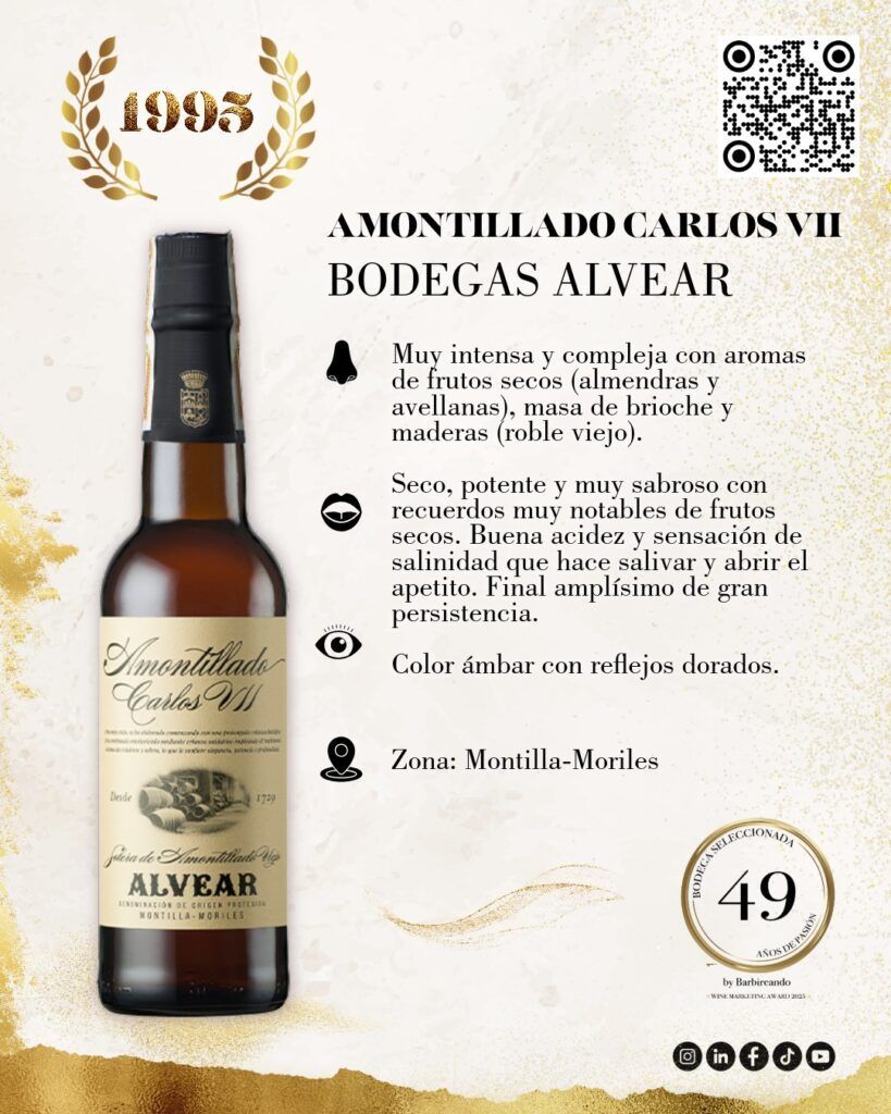 995 | Amontillado Carlos VII (Bodegas Alvear) Vínculo: Me recuerda a mi abuelo, siempre con su copita de vino generoso. La Historia: Un amontillado con una vejez media de más de 15 años por el sistema de criaderas y soleras. Es la elegancia y la solera de Montilla-Moriles personificada. Cata Flash: Color ámbar brillante. En nariz es punzante, con recuerdos a frutos secos (avellana) y madera noble. En boca es seco, muy intenso y con un final eterno.