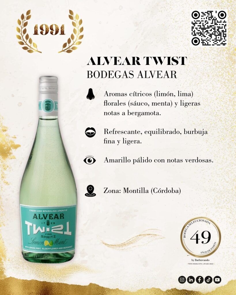 1991 | Alvear Twist Vínculo: Mi adolescencia en Cabeza del Buey. Los mediodías con amigos donde todo estaba por descubrir. La Historia: La reinvención del Fino. Burbuja fina, baja graduación y notas de bergamota y menta. Frescura pura para recordar los veranos de juventud.